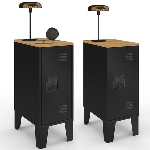 ID MARKET - Lot de 2 tables de chevet étroites ESTER 1 porte métal noir plateau façon hêtre design industriel - large