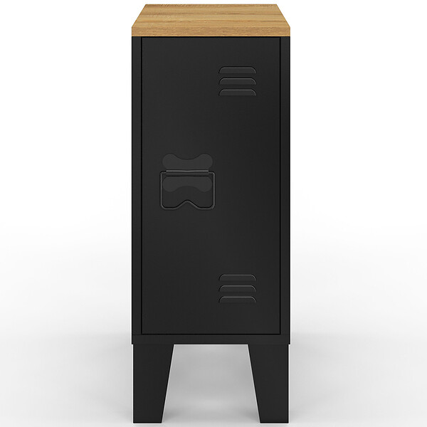 ID MARKET - Lot de 2 tables de chevet étroites ESTER 1 porte métal noir plateau façon hêtre design industriel - large