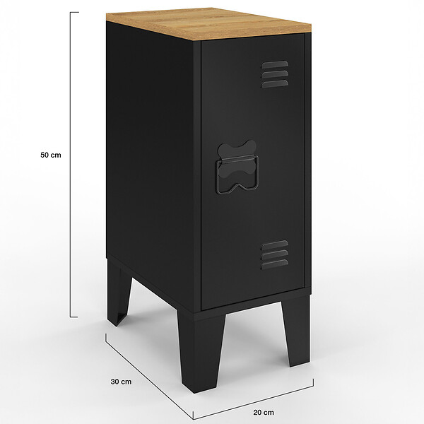 ID MARKET - Lot de 2 tables de chevet étroites ESTER 1 porte métal noir plateau façon hêtre design industriel - large