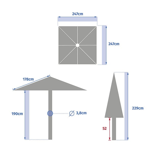 HESPERIDE - Parasol droit carré "Soya" argile & blé 2,5 x 2,5m en acier et polyester - large