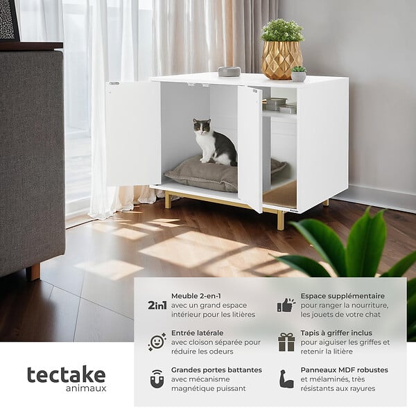 TECTAKE - Armoire pour chat KALEA entrée latérale avec un tapis à griffer inclus blanc/doré - large
