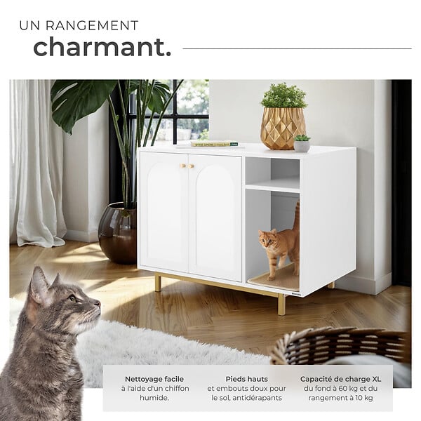 TECTAKE - Armoire pour chat KALEA entrée latérale avec un tapis à griffer inclus blanc/doré - large