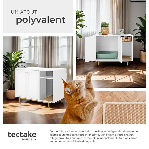TECTAKE - Armoire pour chat KALEA entrée latérale avec un tapis à griffer inclus blanc/doré - large