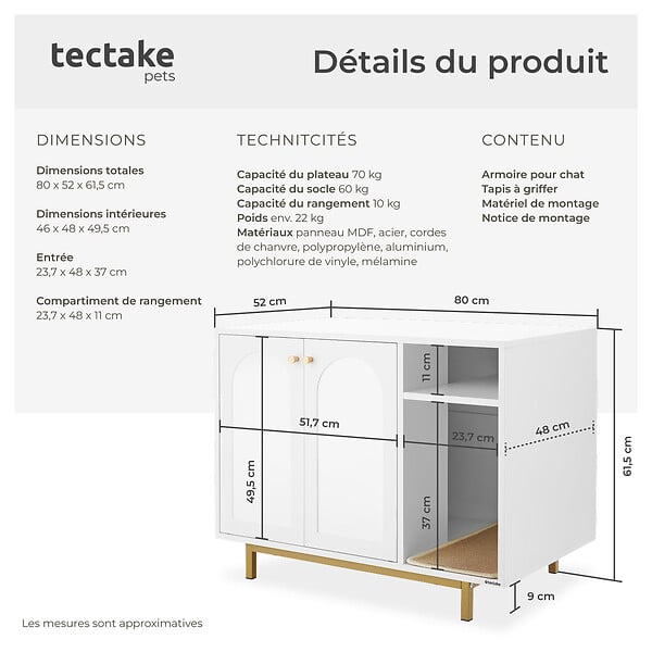 TECTAKE - Armoire pour chat KALEA entrée latérale avec un tapis à griffer inclus blanc/doré - large