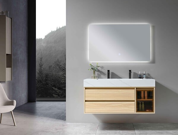 LUXURYBAIN - Meuble de salle de bain double vasque 120cm bois et blanc effet marbre avec miroir LED LB-8512 - large