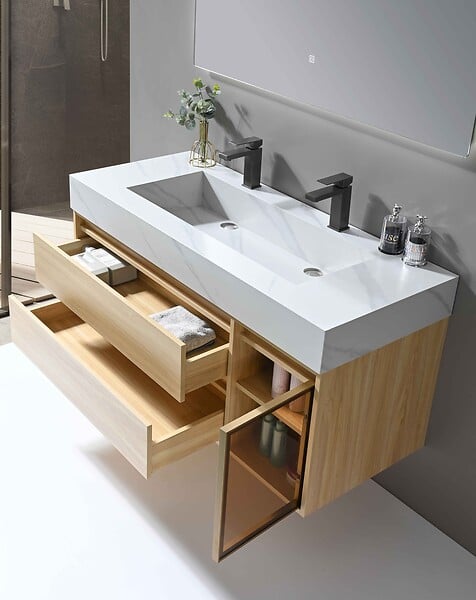 LUXURYBAIN - Meuble de salle de bain double vasque 120cm bois et blanc effet marbre avec miroir LED LB-8512 - large