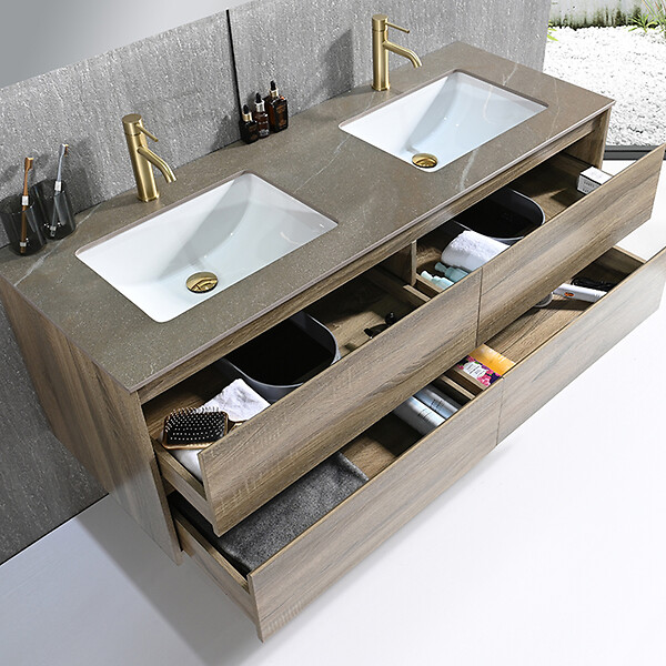 LUXURYBAIN - Meuble salle de bain double vasque 120cm bois et effet marbre marron avec miroir LED LB-8475M-120 - large