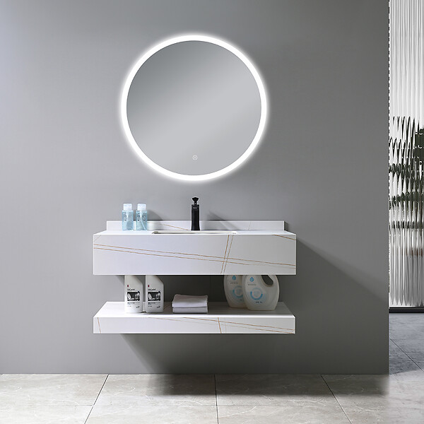 LUXURYBAIN - LuxuryBain - Meuble de salle de bain simple vasque 100cm effet marbre blanc et doré avec miroir led - large