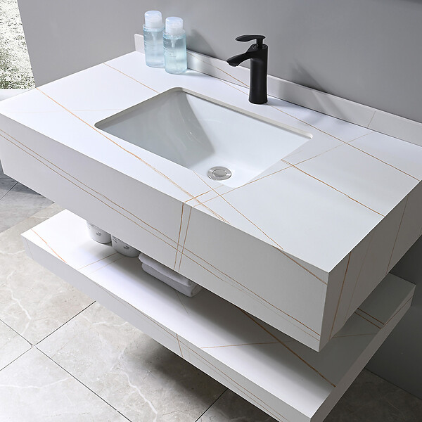 LUXURYBAIN - LuxuryBain - Meuble de salle de bain simple vasque 100cm effet marbre blanc et doré avec miroir led - large