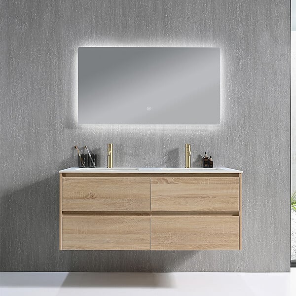 LUXURYBAIN - Meuble salle de bain double vasque 120cm bois naturel et effet marbre blanc avec miroir LED LB-8475C-120 - large