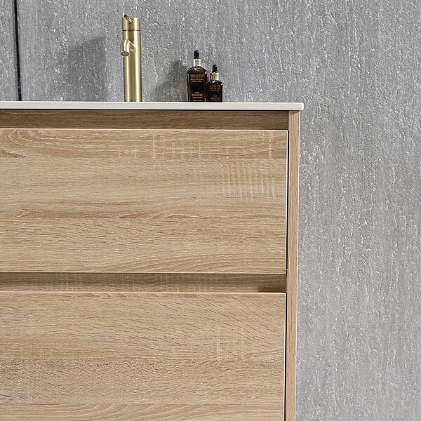 LUXURYBAIN - Meuble salle de bain double vasque 120cm bois naturel et effet marbre blanc avec miroir LED LB-8475C-120 - large