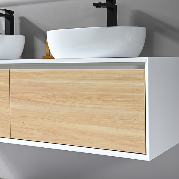 LUXURYBAIN - Meuble salle de bain double vasque 140cm blanc et bois avec miroir LED LB-5072 - large