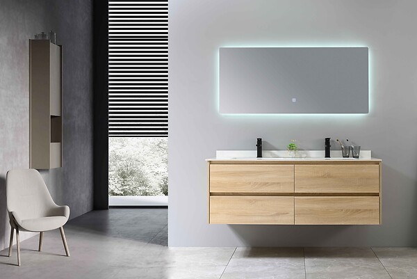LUXURYBAIN - LuxuryBain- Meuble de salle de bain double vasque 140cm bois et blanc effet marbre avec miroir LED LB-8475 - large