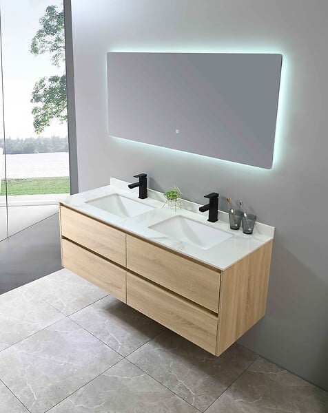LUXURYBAIN - LuxuryBain- Meuble de salle de bain double vasque 140cm bois et blanc effet marbre avec miroir LED LB-8475 - large