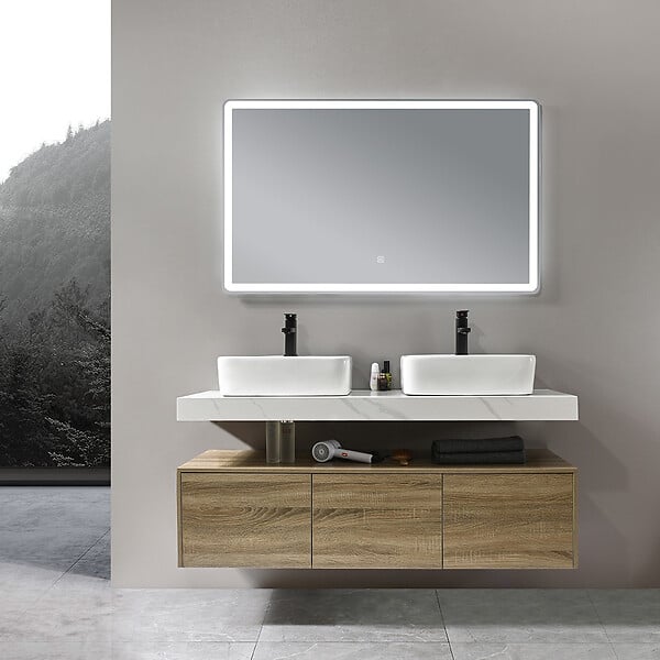 LUXURYBAIN - LuxuryBain - Meuble de salle de bain double vasque 140cm bois et effet marbre avec miroir led - large