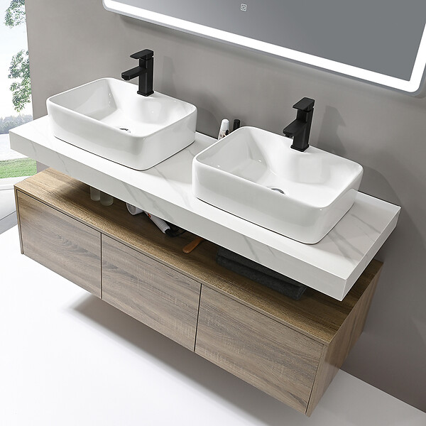 LUXURYBAIN - LuxuryBain - Meuble de salle de bain double vasque 140cm bois et effet marbre avec miroir led - large