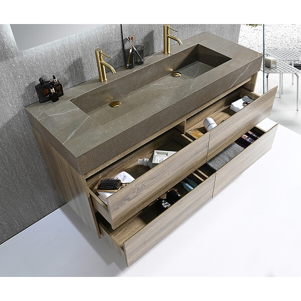 LUXURYBAIN - Meuble salle de bain double vasque 120cm bois et effet marbre marron avec miroir LED LB-8476M-120 - large