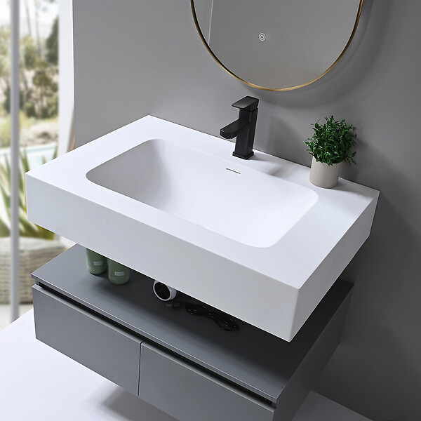 LUXURYBAIN - LuxuryBain - Meuble de salle de bain simple vasque 80cm en Corian blanc avec miroir led - large