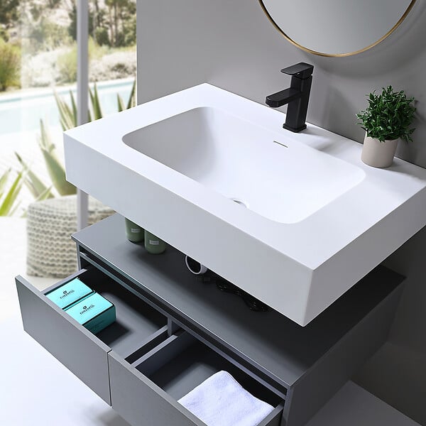 LUXURYBAIN - LuxuryBain - Meuble de salle de bain simple vasque 80cm en Corian blanc avec miroir led - large