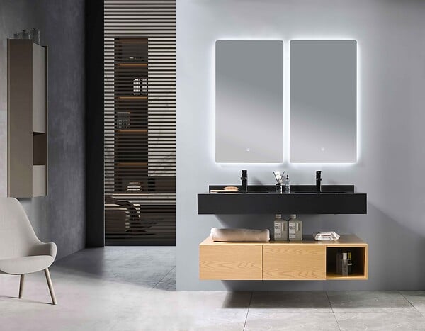LUXURYBAIN - LuxuryBain- Meuble de salle de bain double vasque 150cm bois et noir avec miroir LED à luminosité variable LB-8470-150 - large
