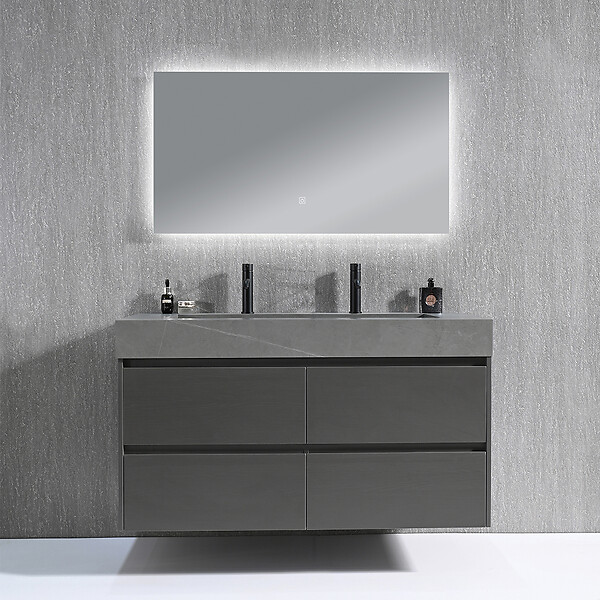 LUXURYBAIN - Meuble salle de bain double vasque 120cm gris et effet marbre gris avec miroir LED LB-8476G-120 - large