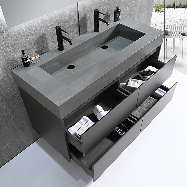 LUXURYBAIN - Meuble salle de bain double vasque 120cm gris et effet marbre gris avec miroir LED LB-8476G-120 - large