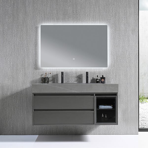 LUXURYBAIN - Meuble salle de bain double vasque 120cm gris et effet marbre gris avec miroir LED LB-8512G-120 - large