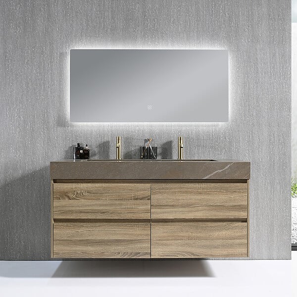 LUXURYBAIN - Meuble salle de bain double vasque 140cm bois et effet marbre marron avec miroir LED LB-8476M-140 - large