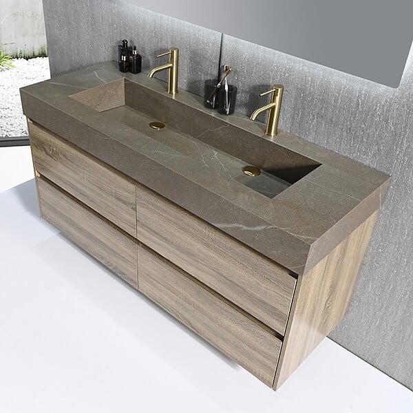 LUXURYBAIN - Meuble salle de bain double vasque 140cm bois et effet marbre marron avec miroir LED LB-8476M-140 - large