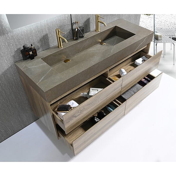 LUXURYBAIN - Meuble salle de bain double vasque 140cm bois et effet marbre marron avec miroir LED LB-8476M-140 - large