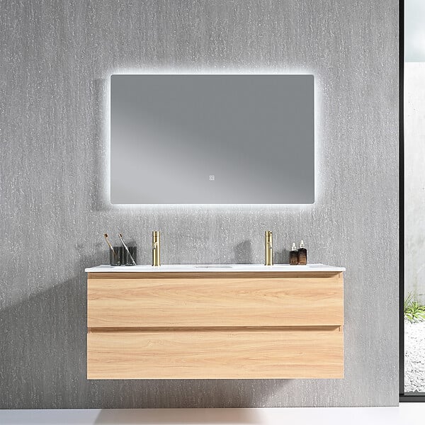 LUXURYBAIN - Meuble salle de bain double vasque 120cm bois naturel avec miroir LED LB-8331C - large