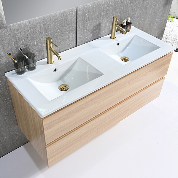 LUXURYBAIN - Meuble salle de bain double vasque 120cm bois naturel avec miroir LED LB-8331C - large