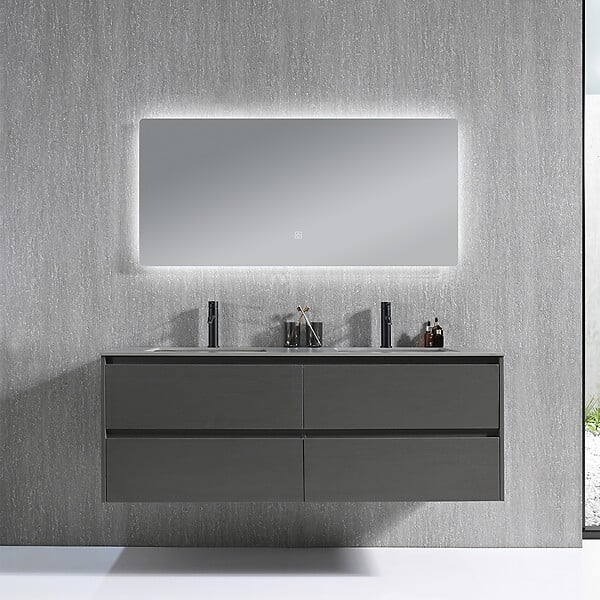 LUXURYBAIN - Meuble salle de bain double vasque 140cm gris et effet marbre gris avec miroir LED LB-8475G-140 - large