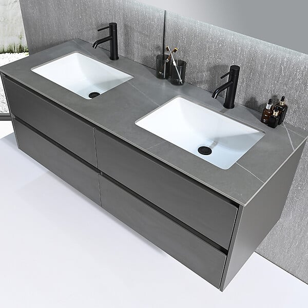 LUXURYBAIN - Meuble salle de bain double vasque 140cm gris et effet marbre gris avec miroir LED LB-8475G-140 - large