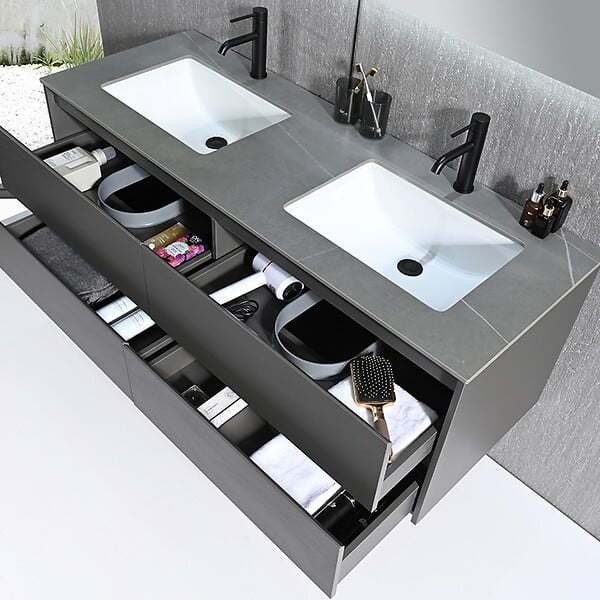 LUXURYBAIN - Meuble salle de bain double vasque 140cm gris et effet marbre gris avec miroir LED LB-8475G-140 - large