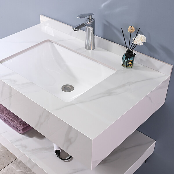 LUXURYBAIN - LuxuryBain - Meuble de salle de bain simple vasque 100cm  effet marbre blanc avec miroir led - large
