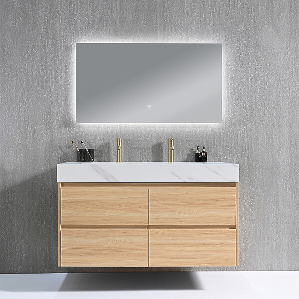 LUXURYBAIN - Meuble salle de bain double vasque 140cm bois naturel et effet marbre blanc avec miroir LED LB-8476C-140 - large
