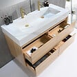 LUXURYBAIN - Meuble salle de bain double vasque 140cm bois naturel et effet marbre blanc avec miroir LED LB-8476C-140 - vignette