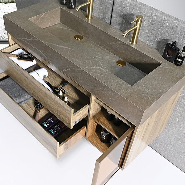 LUXURYBAIN - Meuble salle de bain double vasque 120cm bois et effet marbre marron avec miroir LED LB-8512M-120 - large