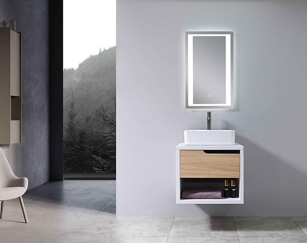 LUXURYBAIN - LuxuryBain- Meuble de salle de bain simple vasque 60cm bois et blanc avec miroir LED LB-8153-60 - large