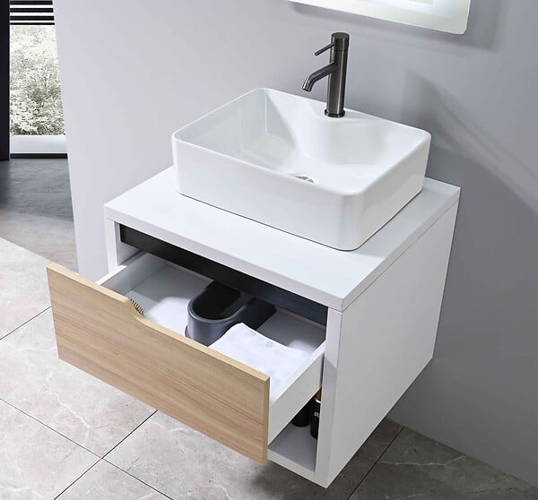 LUXURYBAIN - LuxuryBain- Meuble de salle de bain simple vasque 60cm bois et blanc avec miroir LED LB-8153-60 - large