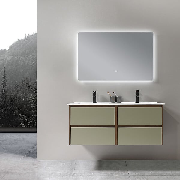 LUXURYBAIN - LuxuryBain - Meuble de salle de bain double vasque 120cm bois et vert avec miroir led - large