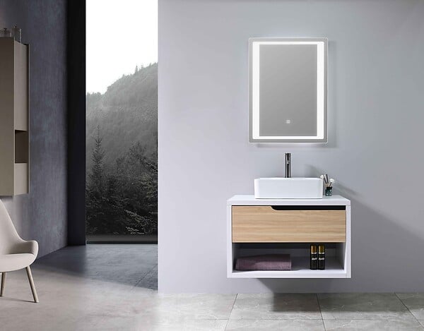 LUXURYBAIN - LuxuryBain- Meuble de salle de bain simple vasque 80cm bois et blanc avec miroir LED LB-8153-80 - large