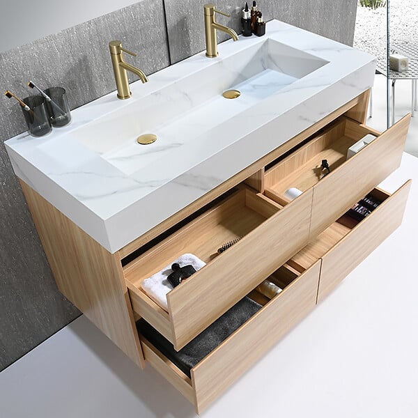 LUXURYBAIN - Meuble salle de bain double vasque 120cm bois naturel et effet marbre blanc avec miroir LED LB-8476C-120 - large
