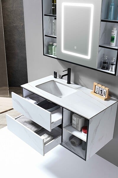 LUXURYBAIN - LuxuryBain- Meuble de salle de bain simple vasque 100cm blanc effet marbre avec miroir LED et colonne de rangement LB-6948 - large