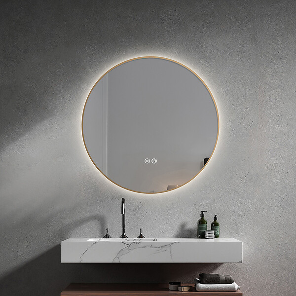 LUXURYBAIN - LuxuryBain- Miroir de salle de bain LED 60cm rond anti buée avec cadre en aluminium doré, or - large