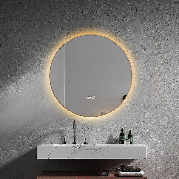 LUXURYBAIN - LuxuryBain- Miroir de salle de bain LED 60cm rond anti buée avec cadre en aluminium doré, or - large