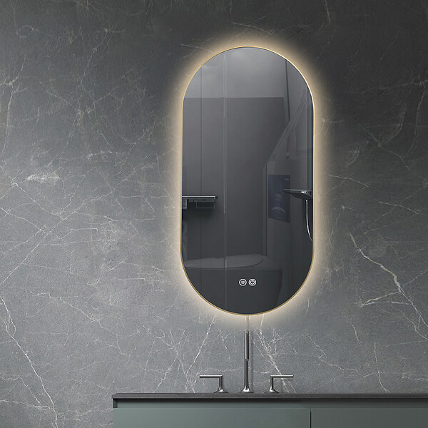 LUXURYBAIN - LuxuryBain- Miroir de salle de bain LED 45x90cm ovale anti buée avec cadre en aluminium doré, or - large