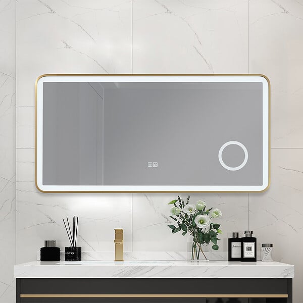 LUXURYBAIN - Miroir salle de bain LED 110x60cm  anti buée avec cadre en aluminium doré et loupe x3 LB-4685G - large