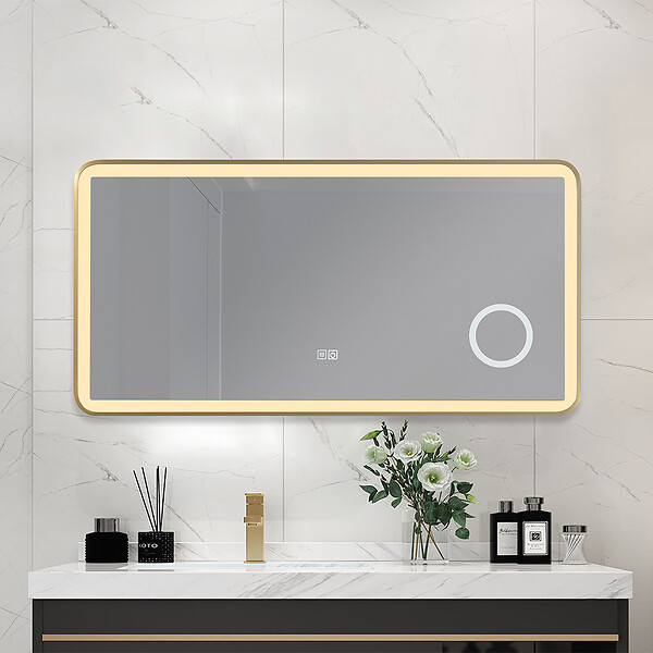 LUXURYBAIN - Miroir salle de bain LED 110x60cm  anti buée avec cadre en aluminium doré et loupe x3 LB-4685G - large